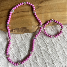Bloemenketting + Armband Roze Pastel