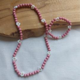 Bloemen Ketting + Armband Shiny Roze 