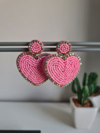 Kralenoorbel hart & rondje roze