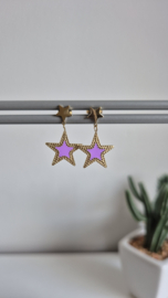 Oorbellen dubbele ster Goud/Lila