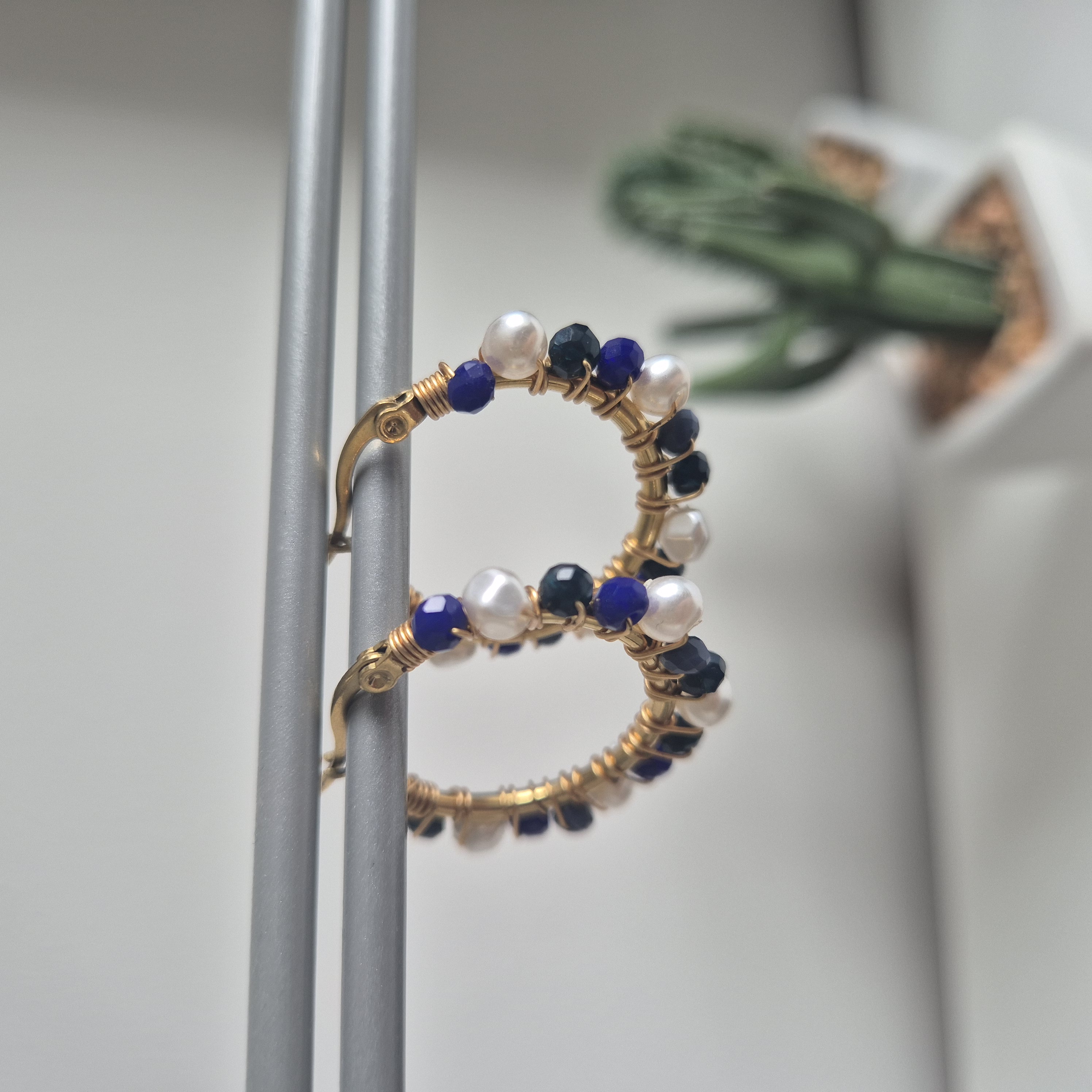 Oorbel Kralen Donkerblauw-Wit