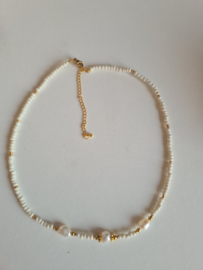 Ketting Gebroken Witte Rocailles & Zoetwaterparels