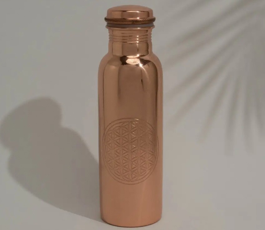 Puur koperen waterfles flower of life glad ± 750 ml (zware kwaliteit)