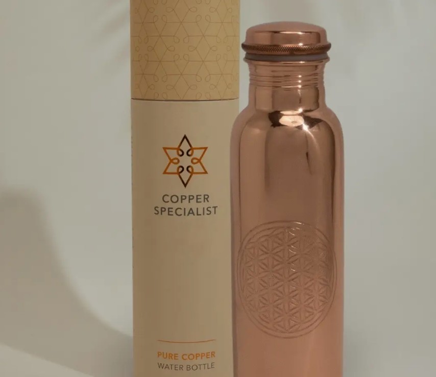 Puur koperen waterfles flower of life glad ± 750 ml (zware kwaliteit)