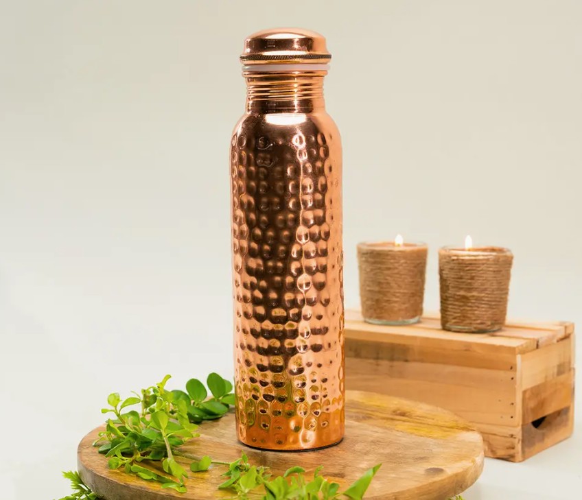 Puur koperen waterfles gehamerd 1ltr.