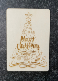 Houten kaartje 'merry christmas + boom + pakjes'