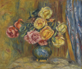 Renoir, Stilleven, rozen voor blauw gordijn