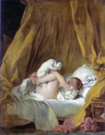 Fragonard, Meisje in bed, spelend met een hond
