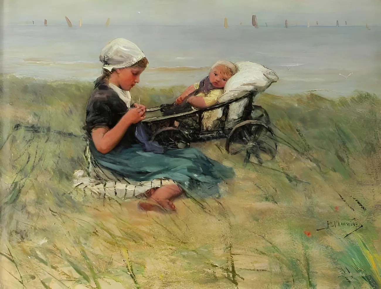 Blommers, Breiend meisje met zusje in de duinen