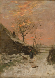 Mauve, Boerderij met vrouw en hond in de sneeuw