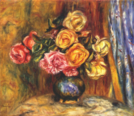 Renoir, Stilleven, rozen voor blauw gordijn