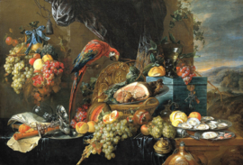 De Heem, Een rijk bedekte tafel met papegaai