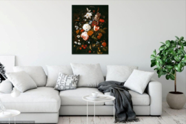 De Heem, Stilleven met bloemen in een glazen vaas en fruit