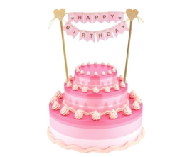 Taarttopper Happy Birthday vlaggetjes - roze