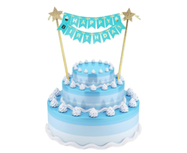 Taarttopper Happy Birthday vlaggetjes - blauw