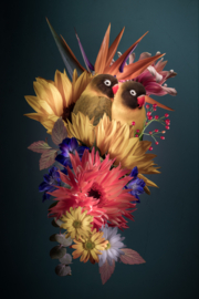 Lovebirds en zonnebloemen boeket op canvas