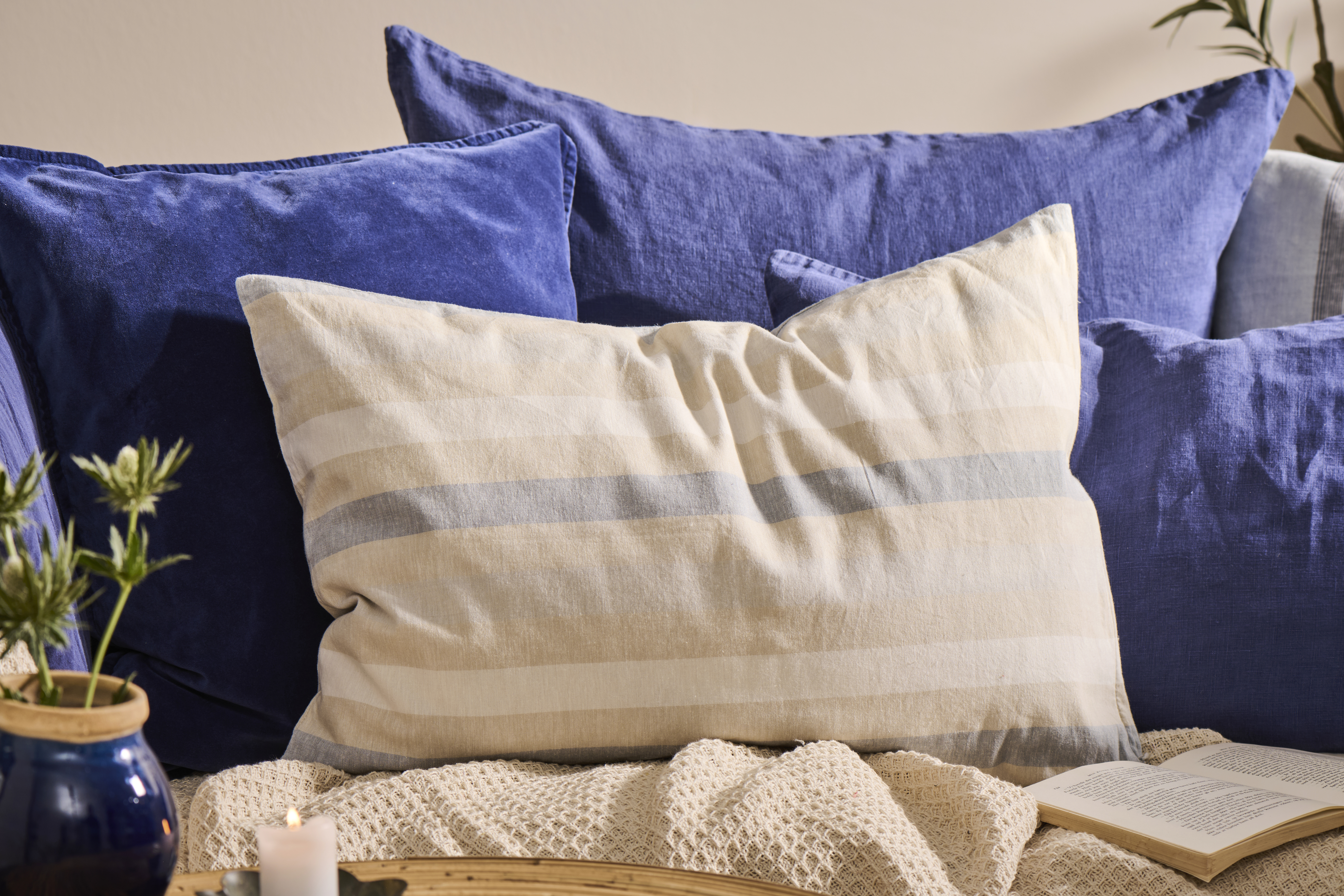 Kussenhoes | Naturel met wit en blauw gestreept | IB Laursen
