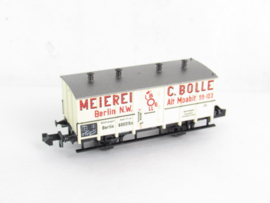 Minitrix 13643 N KPEV Melkwagen, 2 assen, wit, `MEIEREI C. BOLLE`, `Berlijn NW` in ovp