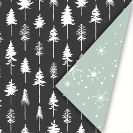 Cadeaupapier | Kerst lovely trees - zwart salie (30x300 cm)
