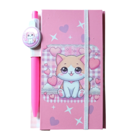 Memoboekje roze kitten met pen en paperclips