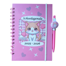 Schoolagenda 2025-2026 roze kitten met pen