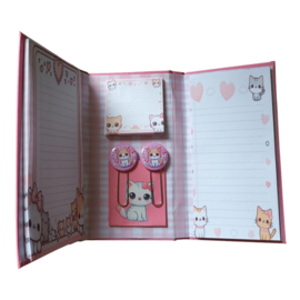 Memoboekje roze kitten met pen en paperclips