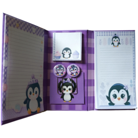 Memoboekje paarse pinguïn met pen en paperclips