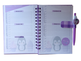 Schoolagenda 2025-2026 paarse pinguïn met pen