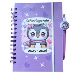 Schoolagenda 2025-2026 paarse pinguïn met pen