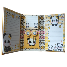 Memoboekje gele panda met pen en paperclips