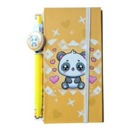 Memoboekje gele panda met pen en paperclips