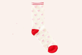 Sokken crème kleurig met rood en roze hartjes - maat 42 - 46