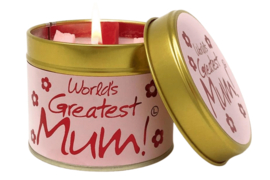 Geurkaars in blik met tekst "World's Greatest Mum"