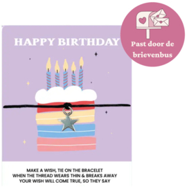Kaartje met "Happy Birthday" -  sterretje aan een armbandje