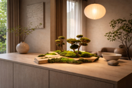 Robuust houten plateau met mosboompjes