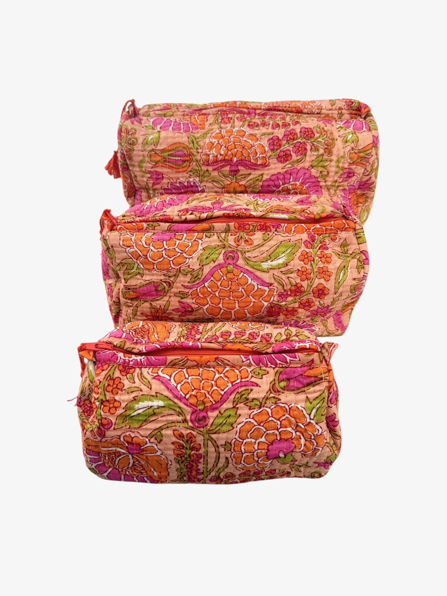 Set van 3 Toilettassen Kantha Oranje, 3 verschillende formaten