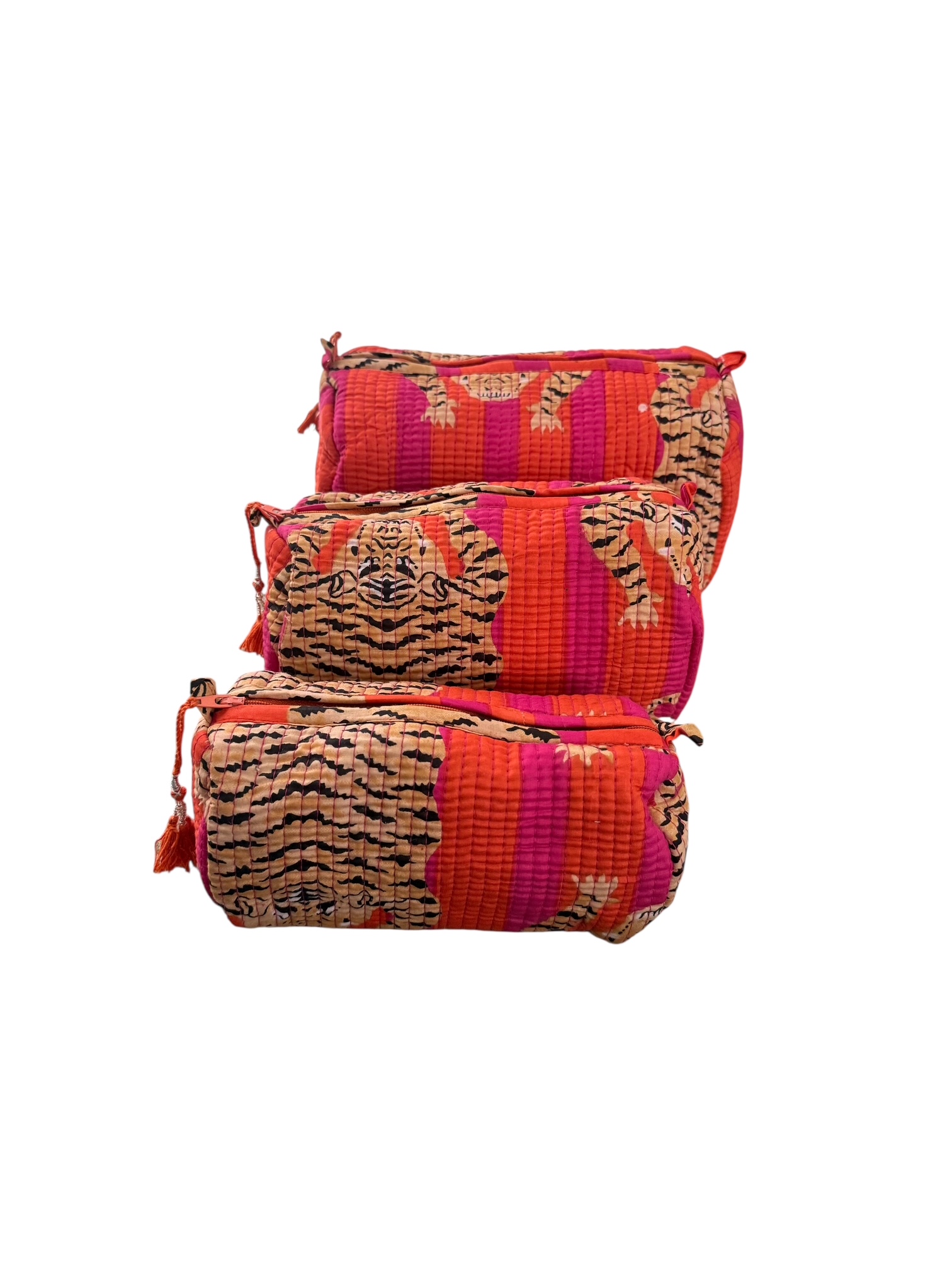 Set van 3 Toilettassen Kantha Tijger Oranje, 3 verschillende formaten