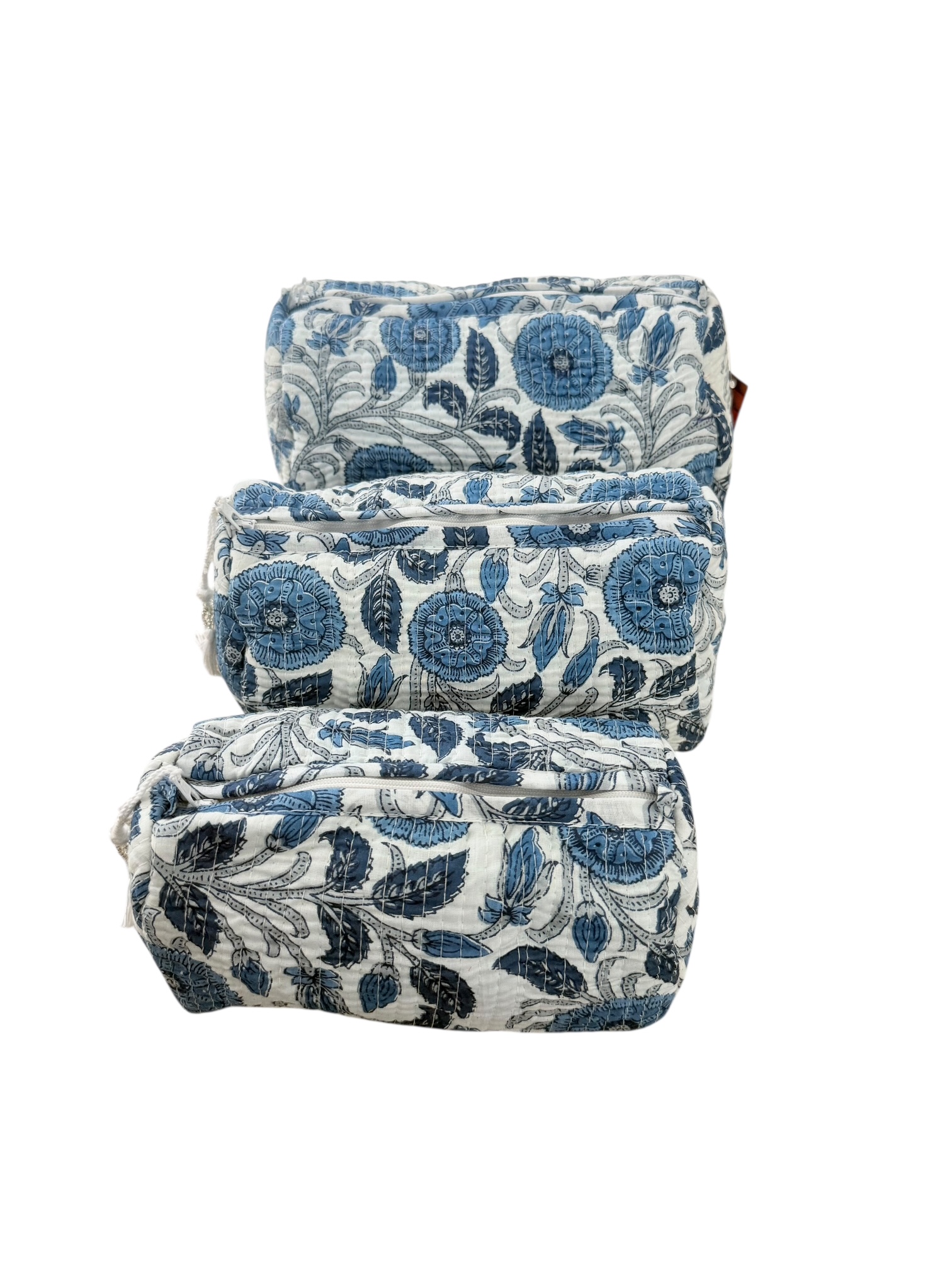 Set van 3 Toilettassen Kantha Wit/Blauw, 3 verschillende formaten