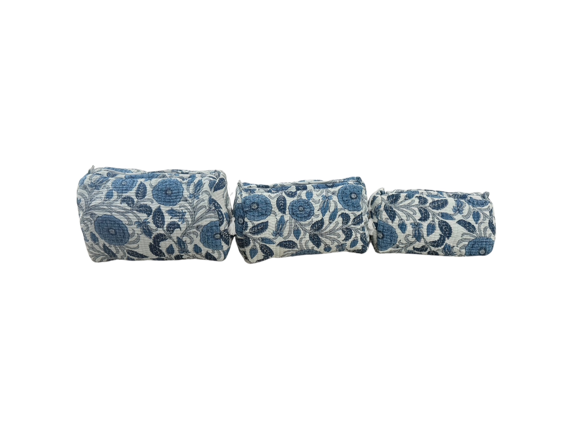 Set van 3 Toilettassen Kantha Wit/Blauw, 3 verschillende formaten