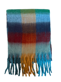Geblokte Wintersjaal Viscose/Wol Trou Blue Camel 230x40 cm