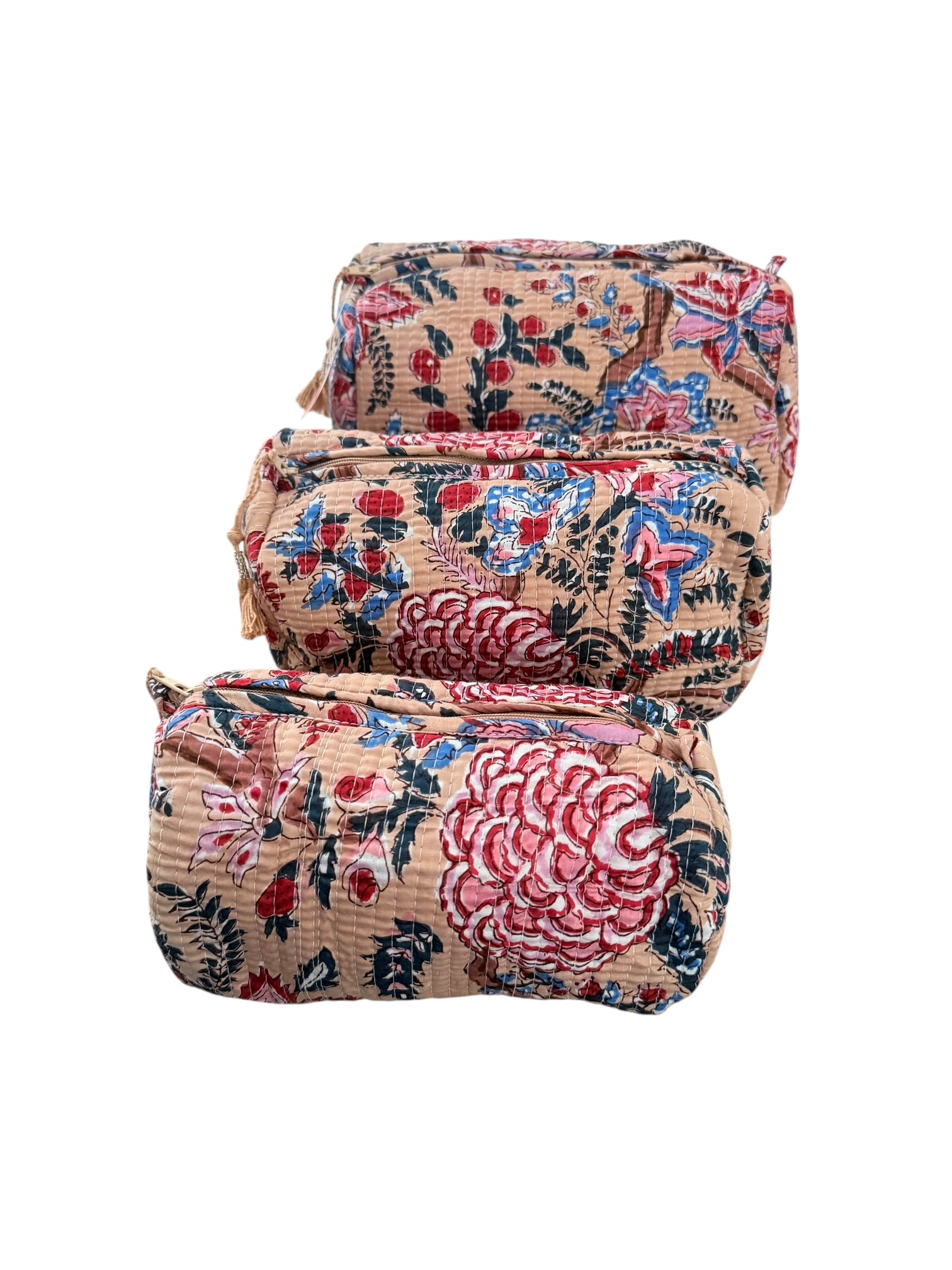 Set van 3 Toilettassen Kantha Blossem, 3 verschillende formaten