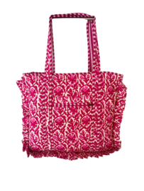 Shoppingbag / Strandtas Kantha met Franje Pink Design 47x38 cm