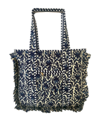 Shoppingbag / Strandtas Kantha met Franje Mistery Blue 47x38 cm