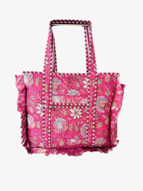 Shoppingbag / Strandtas Kantha met Franje Sweet Flowers 47x38 cm