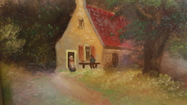 Schilderij van huis aan vijver, J. Craom