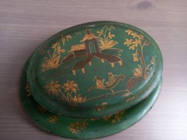 Metalen ovale koektrommel met chinoiserie decor