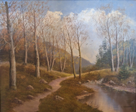 Herfstlandschap met bospad en beekje
