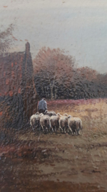 Olieverf van boer met schapen