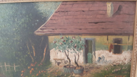 Schilderij van boerderij aan het water