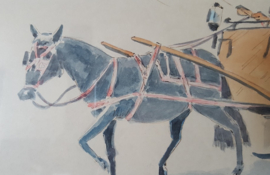 Aquarel oosterse paard en wagen
